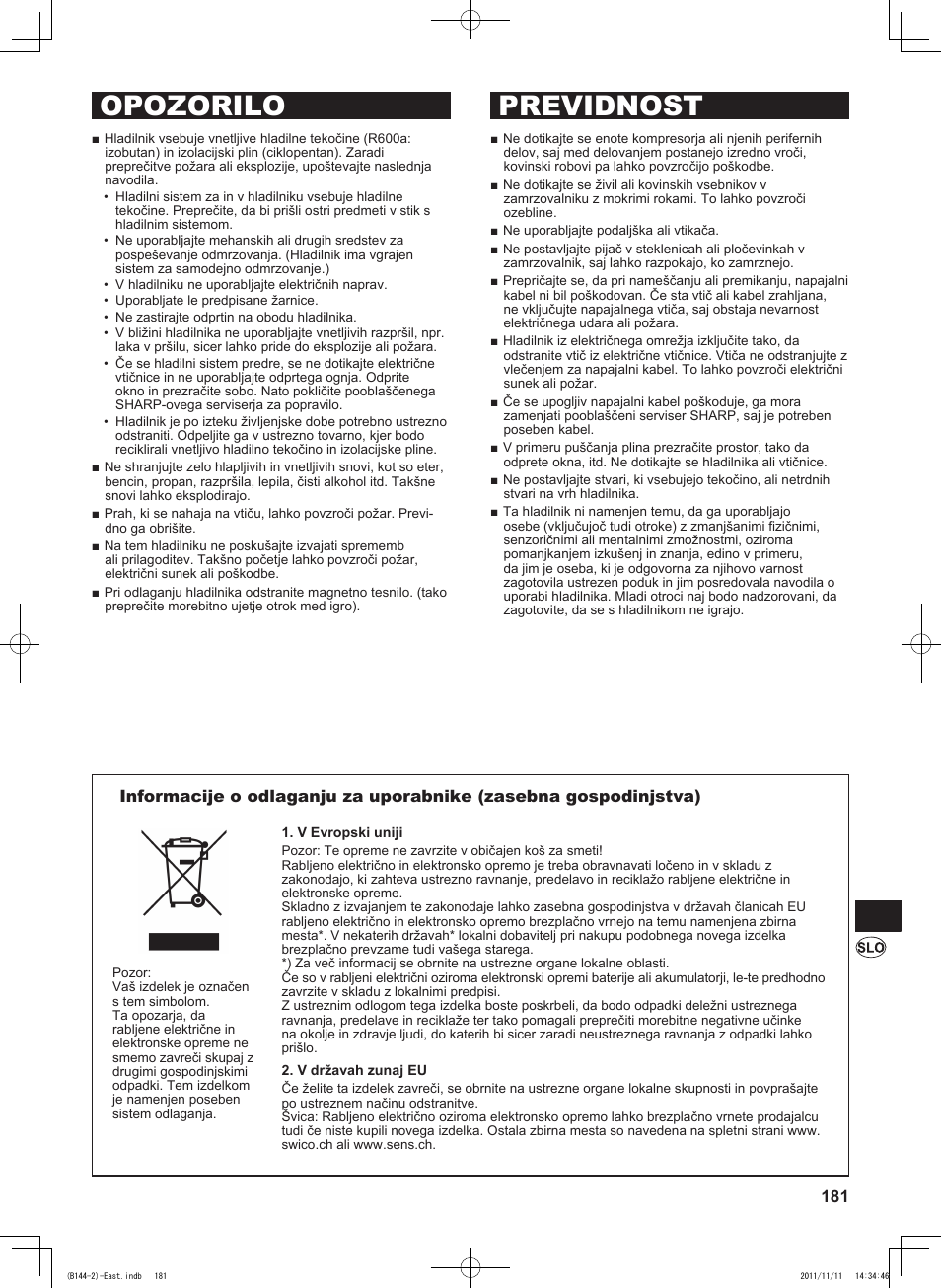 Opozorilo previdnost | Sharp SJ-WP320TBE User Manual | Page 181 / 224