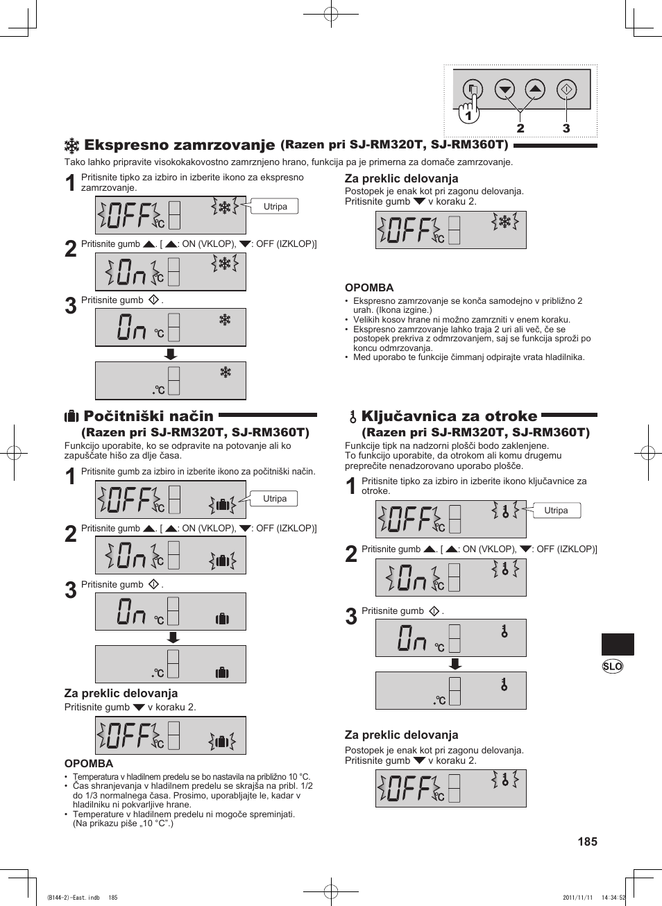 Ekspresno zamrzovanje, Počitniški način, Ključavnica za otroke | Sharp SJ-WP320TBE User Manual | Page 185 / 224