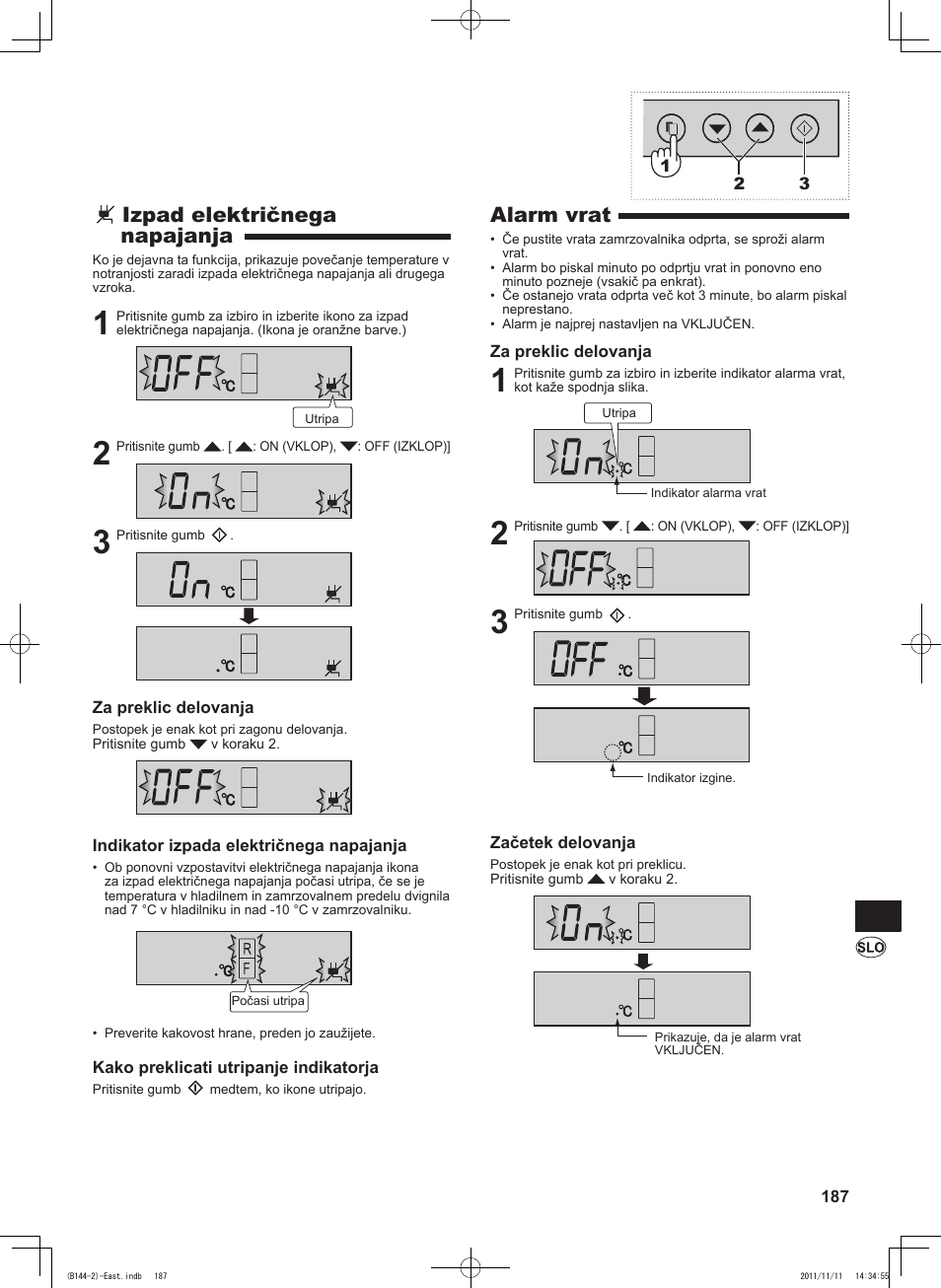 Alarm vrat, Izpad električnega napajanja | Sharp SJ-WP320TBE User Manual | Page 187 / 224