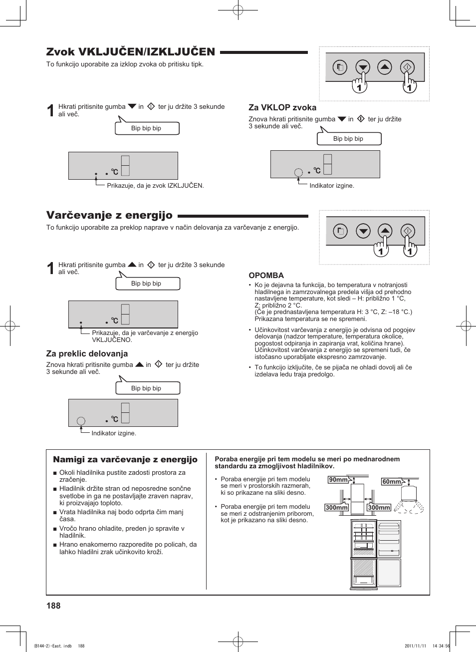 Zvok vključen/izključen, Varčevanje z energijo, Za vklop zvoka | Za preklic delovanja, 1namigi za varčevanje z energijo | Sharp SJ-WP320TBE User Manual | Page 188 / 224