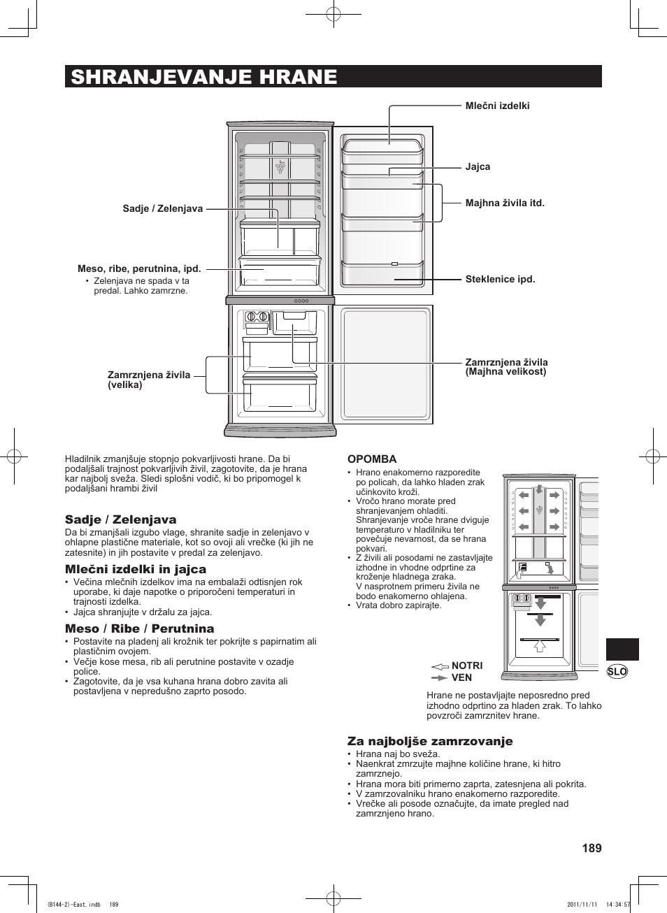 Shranjevanje hrane, Sadje / zelenjava, Mlečni izdelki in jajca | Meso / ribe / perutnina, Za najboljše zamrzovanje | Sharp SJ-WP320TBE User Manual | Page 189 / 224