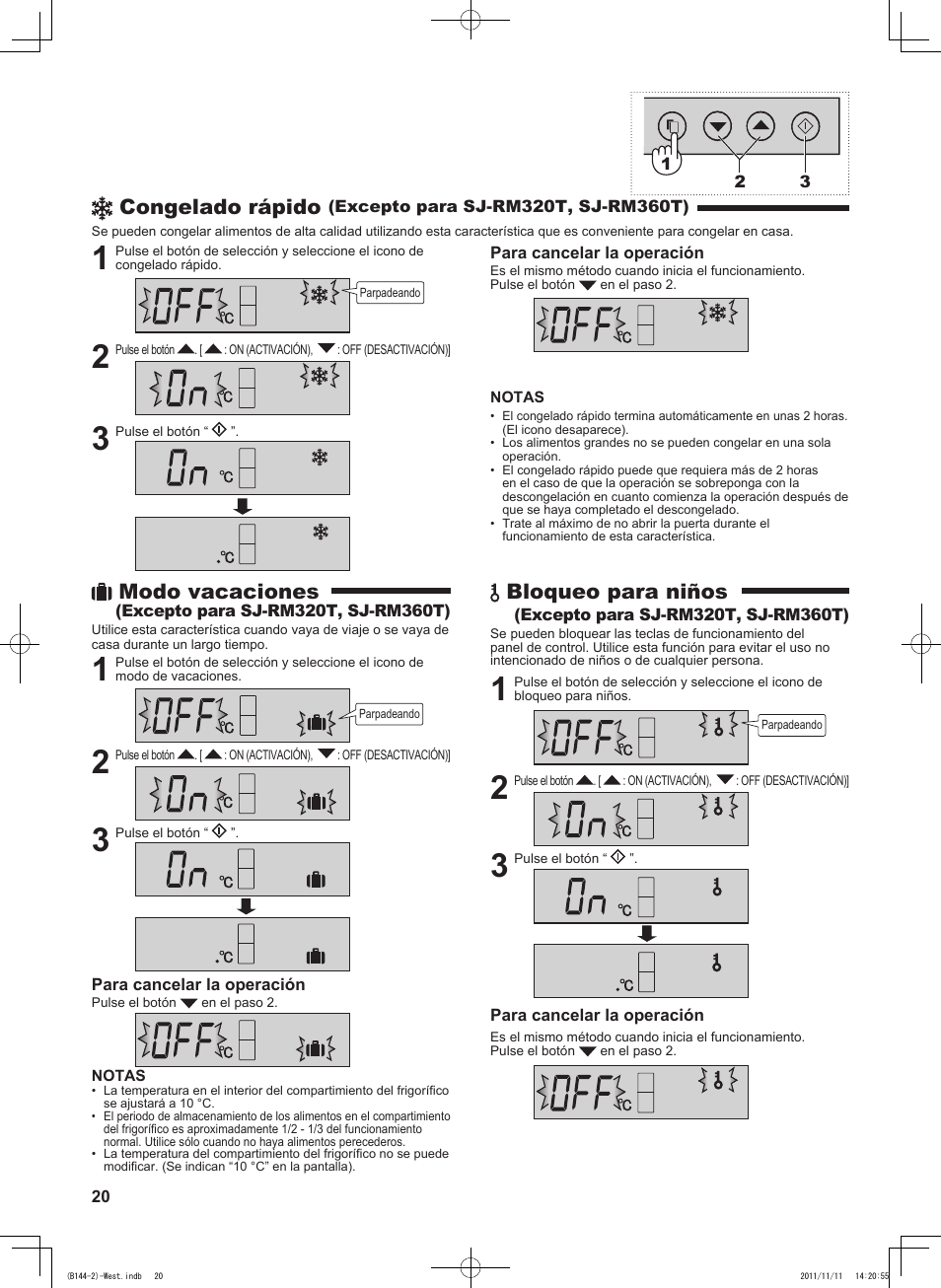 Congelado rápido, Modo vacaciones, Bloqueo para niños | Sharp SJ-WP320TBE User Manual | Page 20 / 224