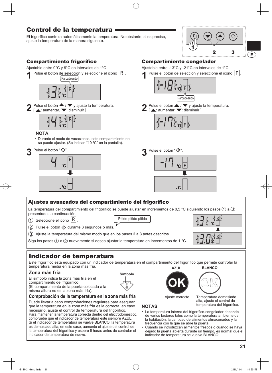 Control de la temperatura, Indicador de temperatura | Sharp SJ-WP320TBE User Manual | Page 21 / 224