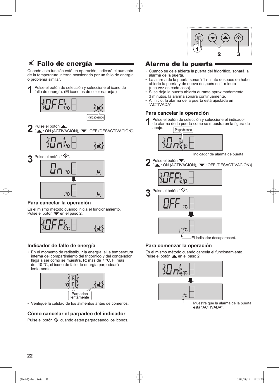 Alarma de la puerta, Fallo de energía | Sharp SJ-WP320TBE User Manual | Page 22 / 224