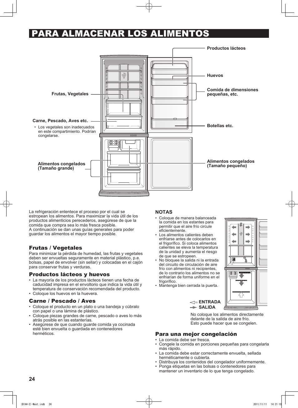 Para almacenar los alimentos, Frutas / vegetales, Productos lácteos y huevos | Carne / pescado / aves, Para una mejor congelación | Sharp SJ-WP320TBE User Manual | Page 24 / 224