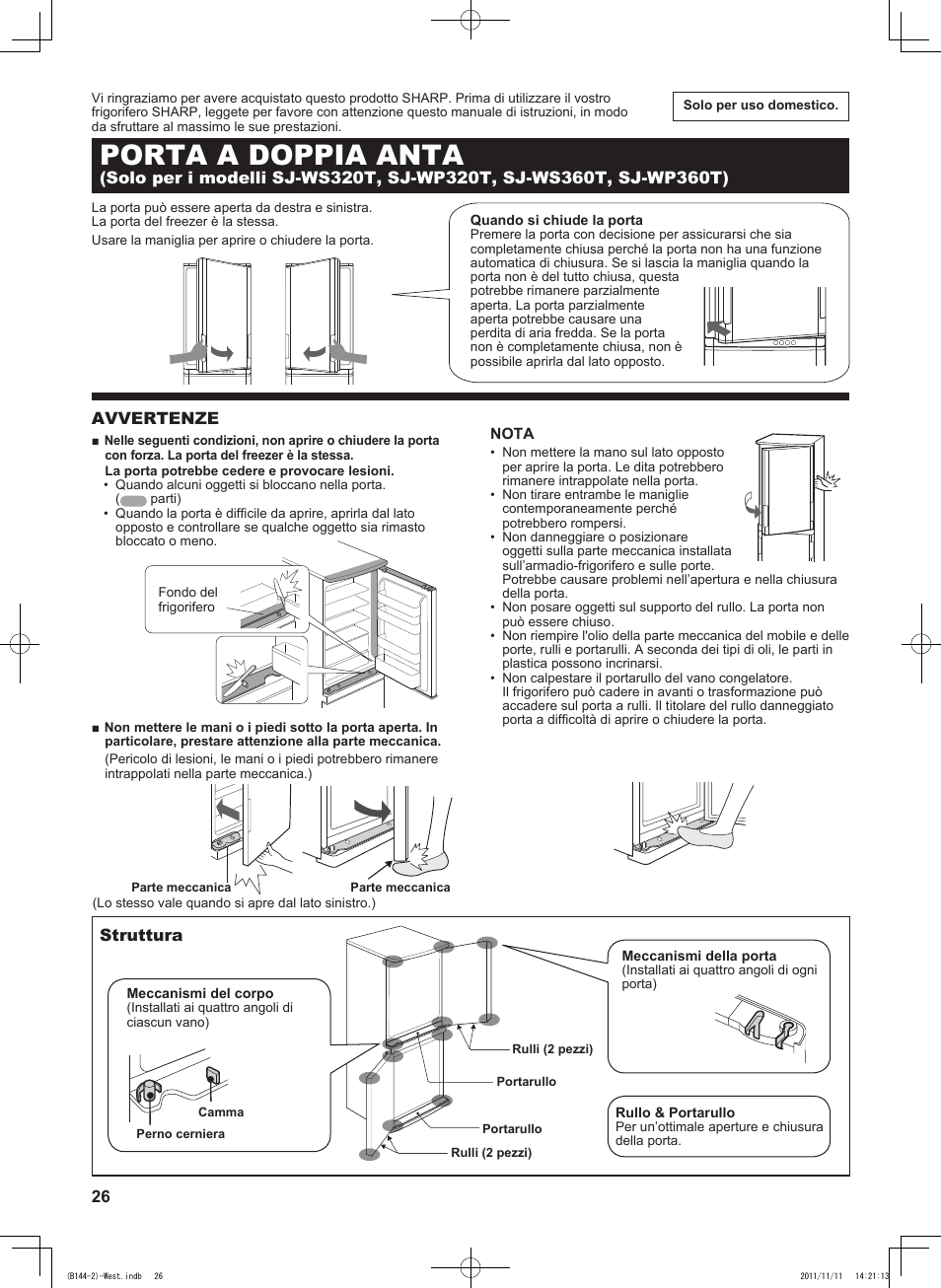 B144)ita, Porta a doppia anta, Avvertenze | Struttura | Sharp SJ-WP320TBE User Manual | Page 26 / 224