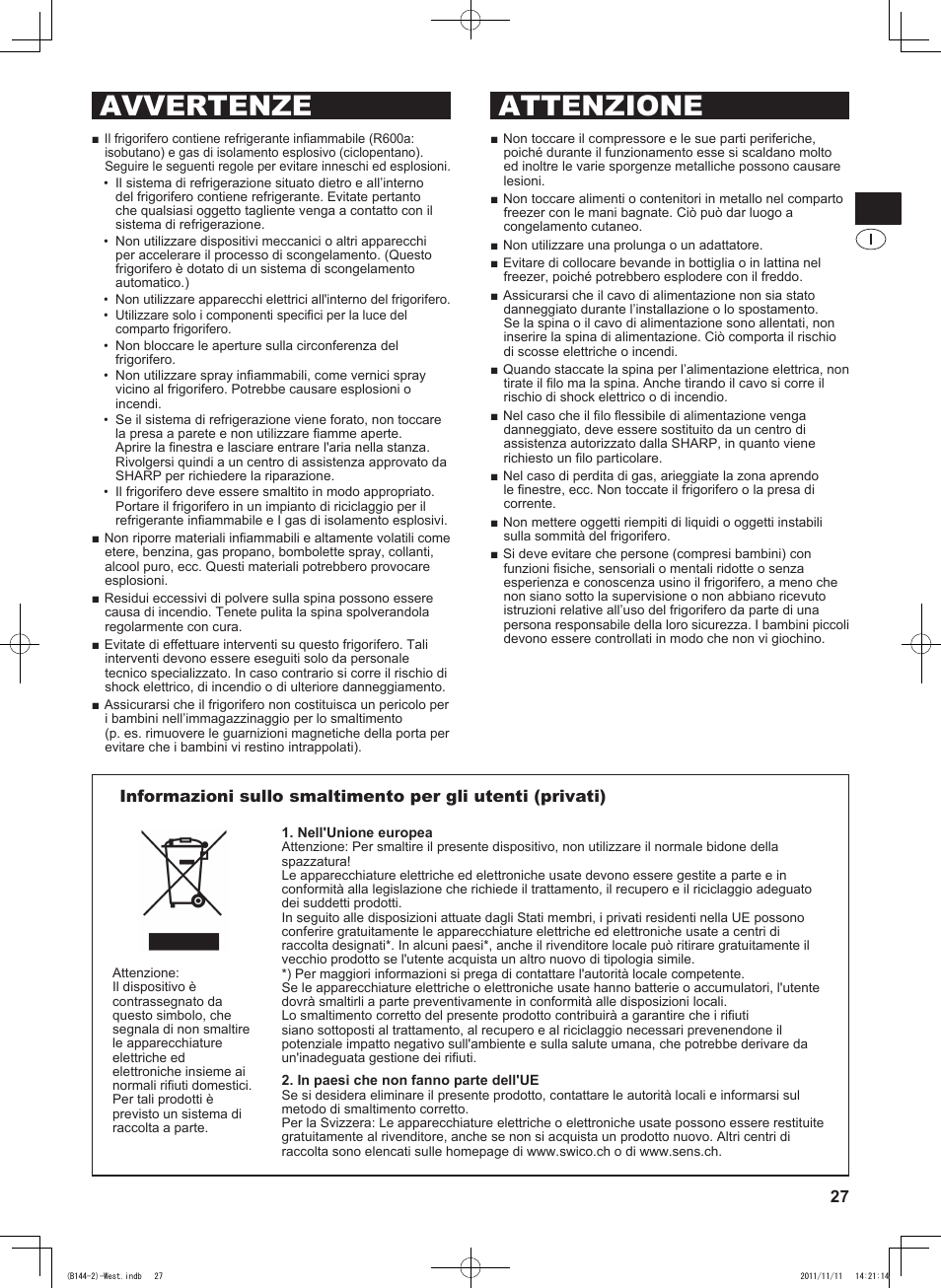 Avvertenze attenzione | Sharp SJ-WP320TBE User Manual | Page 27 / 224