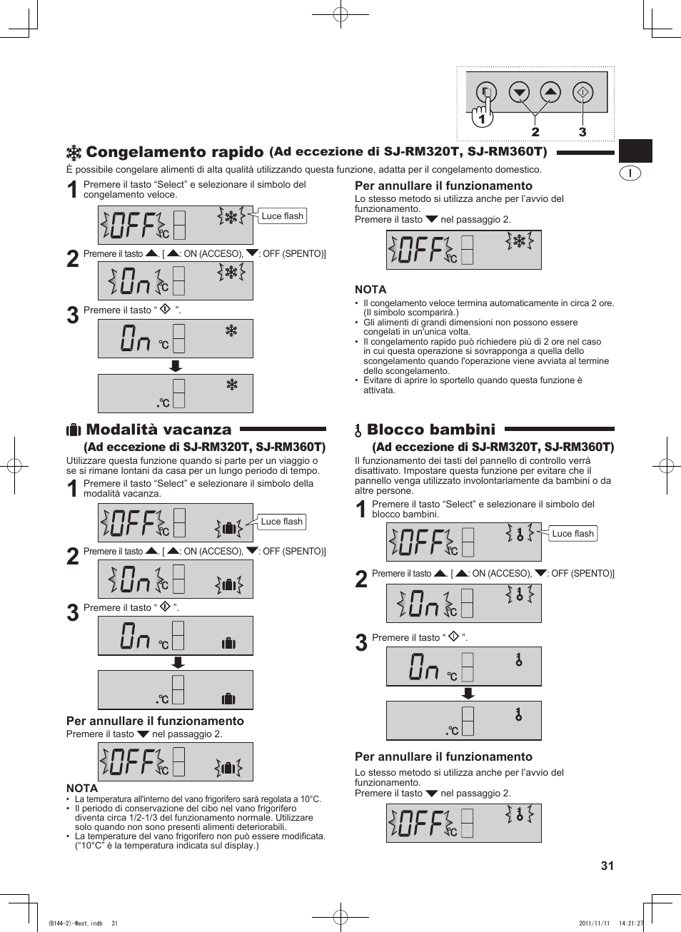 Congelamento rapido, Modalità vacanza, Blocco bambini | Sharp SJ-WP320TBE User Manual | Page 31 / 224