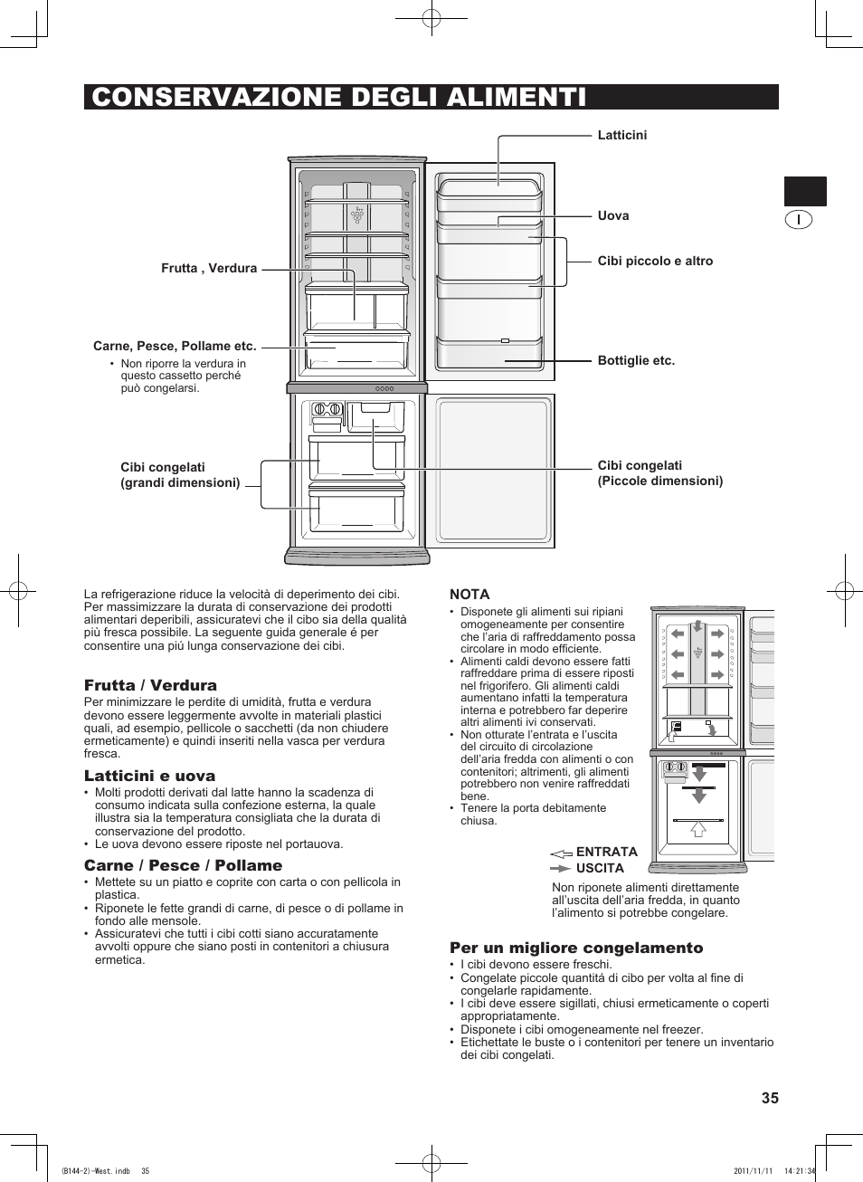 Conservazione degli alimenti, Frutta / verdura, Latticini e uova | Carne / pesce / pollame, Per un migliore congelamento | Sharp SJ-WP320TBE User Manual | Page 35 / 224