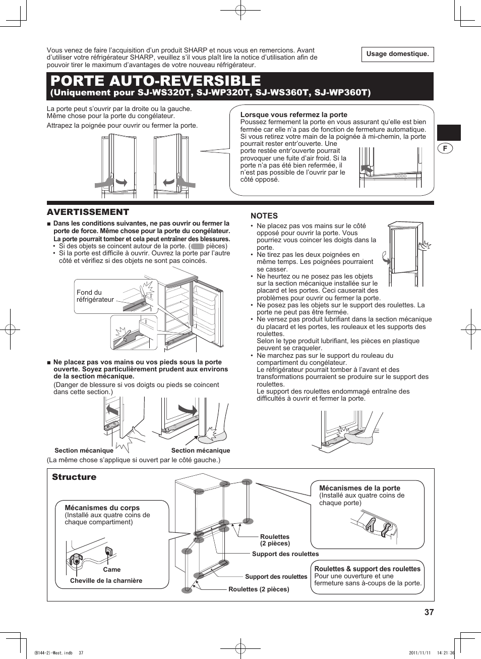 B144)fra, Porte auto-reversible, Avertissement | Structure | Sharp SJ-WP320TBE User Manual | Page 37 / 224