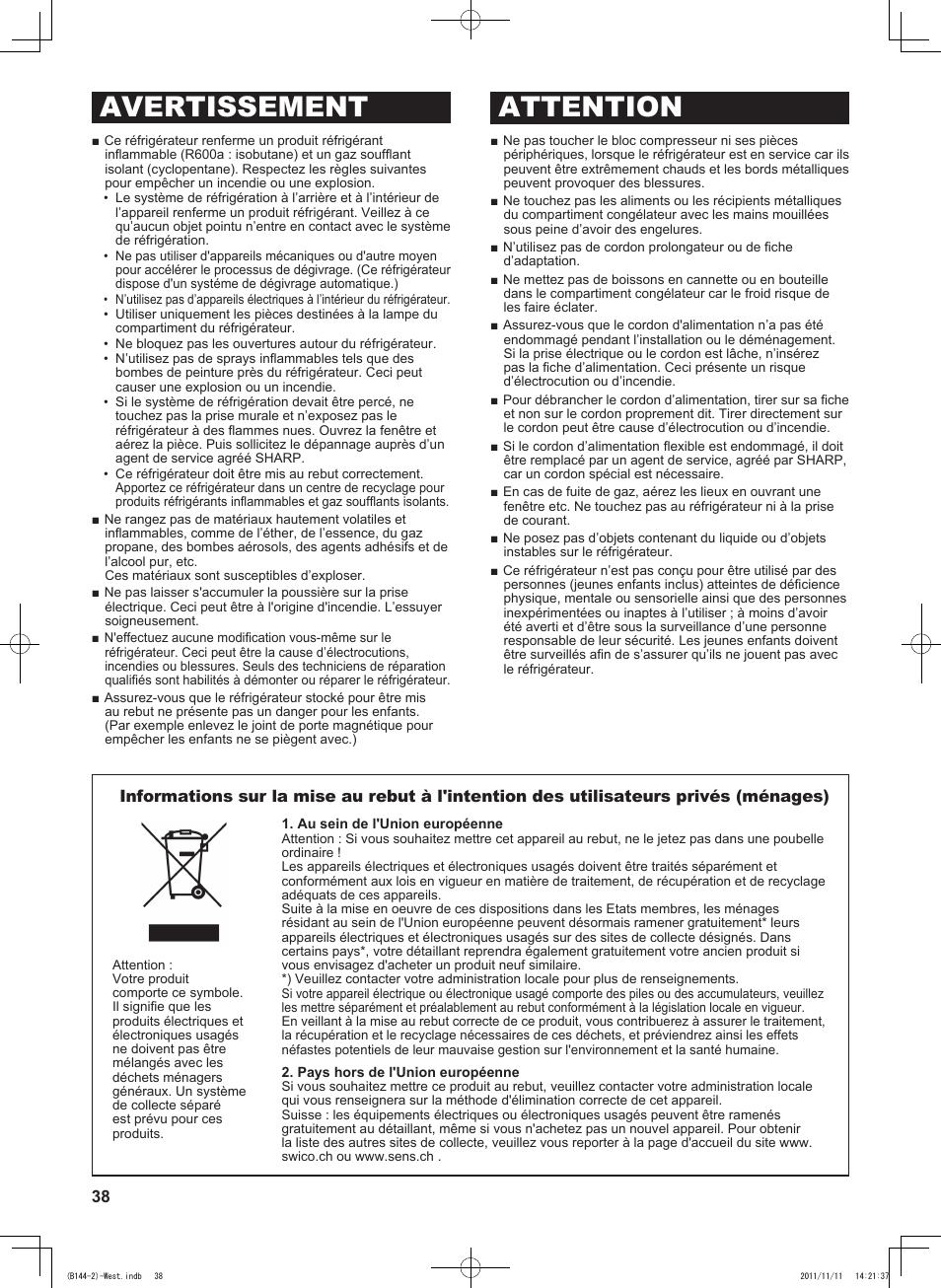 Avertissement attention | Sharp SJ-WP320TBE User Manual | Page 38 / 224