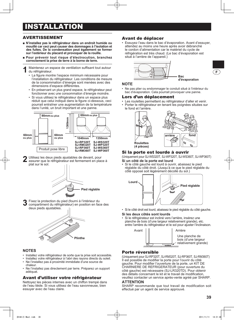 Installation, Avertissement, Avant d’utiliser votre réfrigérateur | Avant de déplacer, Lors d’un déplacement, Si la porte est lourde à ouvrir, Porte réversible | Sharp SJ-WP320TBE User Manual | Page 39 / 224