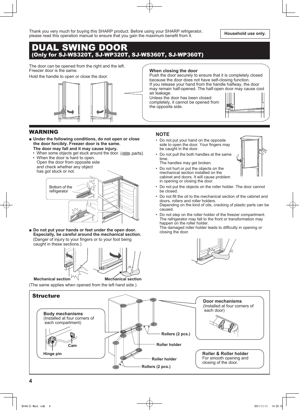 B144)eng, Dual swing door, Warning | Structure | Sharp SJ-WP320TBE User Manual | Page 4 / 224