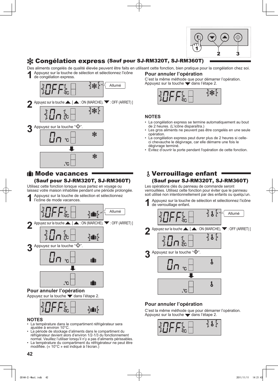Congélation express, Mode vacances, Verrouillage enfant | Sharp SJ-WP320TBE User Manual | Page 42 / 224
