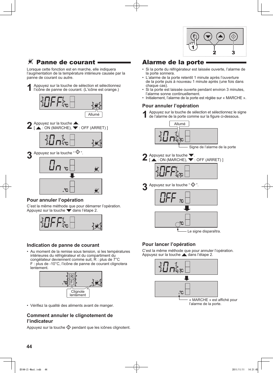 Alarme de la porte, Panne de courant | Sharp SJ-WP320TBE User Manual | Page 44 / 224