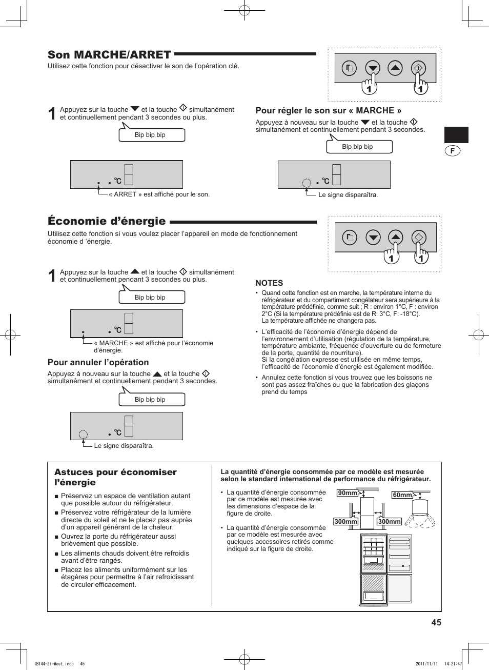 Son marche/arret, Économie d’énergie, Pour régler le son sur « marche | Pour annuler l’opération, 1astuces pour économiser l’énergie | Sharp SJ-WP320TBE User Manual | Page 45 / 224