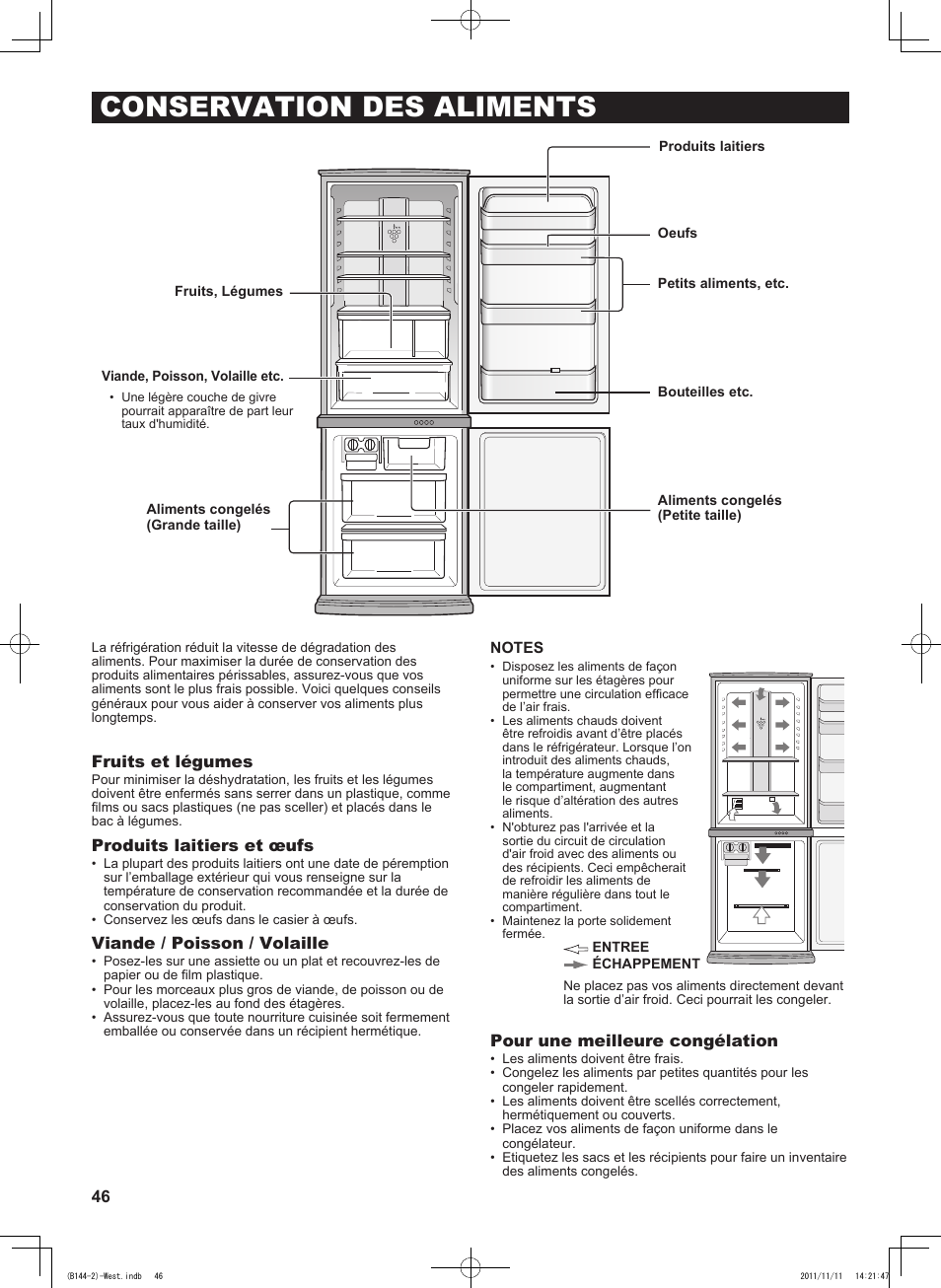 Conservation des aliments, Fruits et légumes, Produits laitiers et œufs | Viande / poisson / volaille, Pour une meilleure congélation | Sharp SJ-WP320TBE User Manual | Page 46 / 224