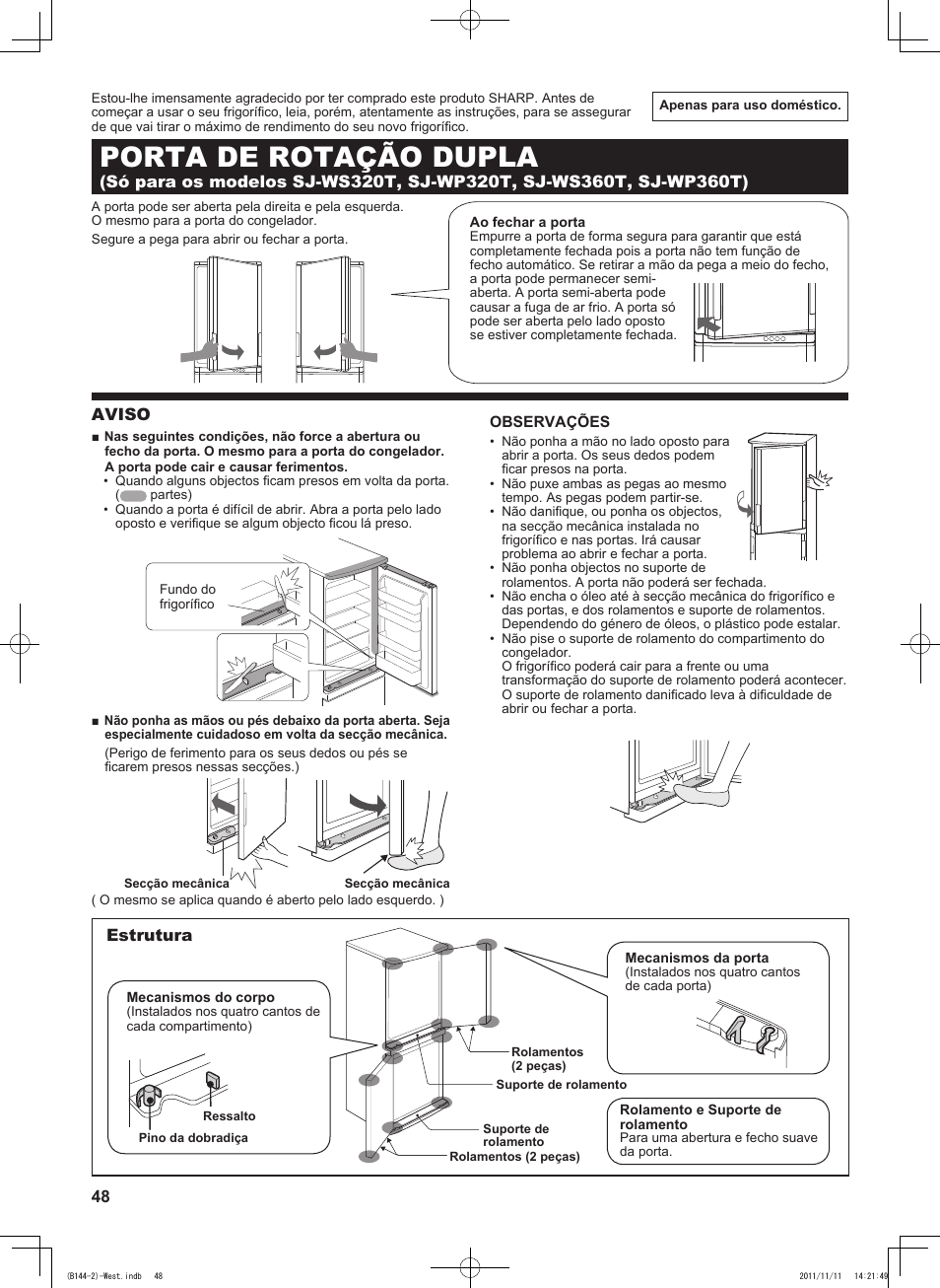 B144)por, Porta de rotação dupla, Aviso | Estrutura | Sharp SJ-WP320TBE User Manual | Page 48 / 224