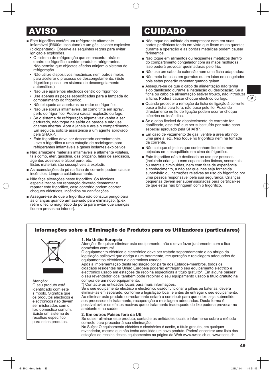 Aviso cuidado | Sharp SJ-WP320TBE User Manual | Page 49 / 224