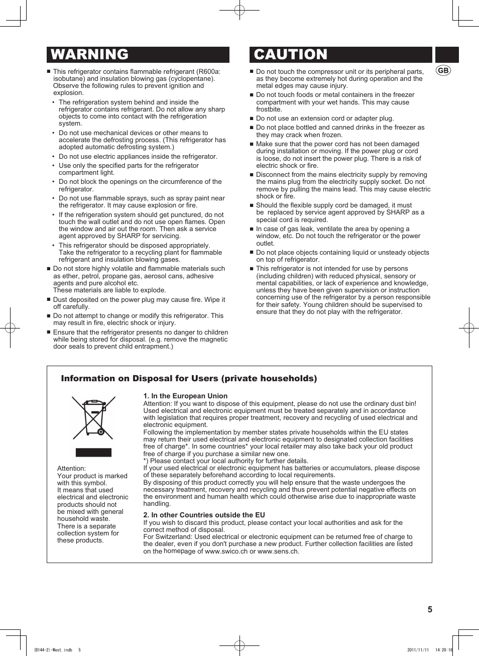 Warning caution | Sharp SJ-WP320TBE User Manual | Page 5 / 224
