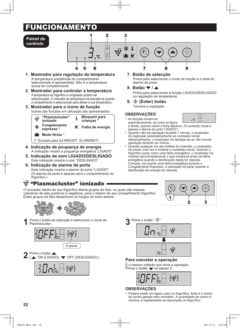 Funcionamento, Plasmacluster” ionizado | Sharp SJ-WP320TBE User Manual | Page 52 / 224