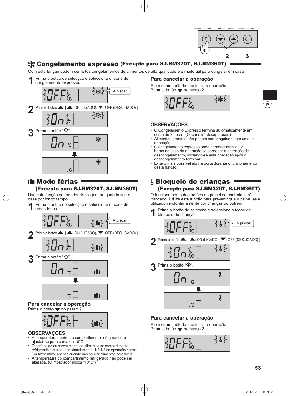 Congelamento expresso, Modo férias, Bloqueio de crianças | Sharp SJ-WP320TBE User Manual | Page 53 / 224