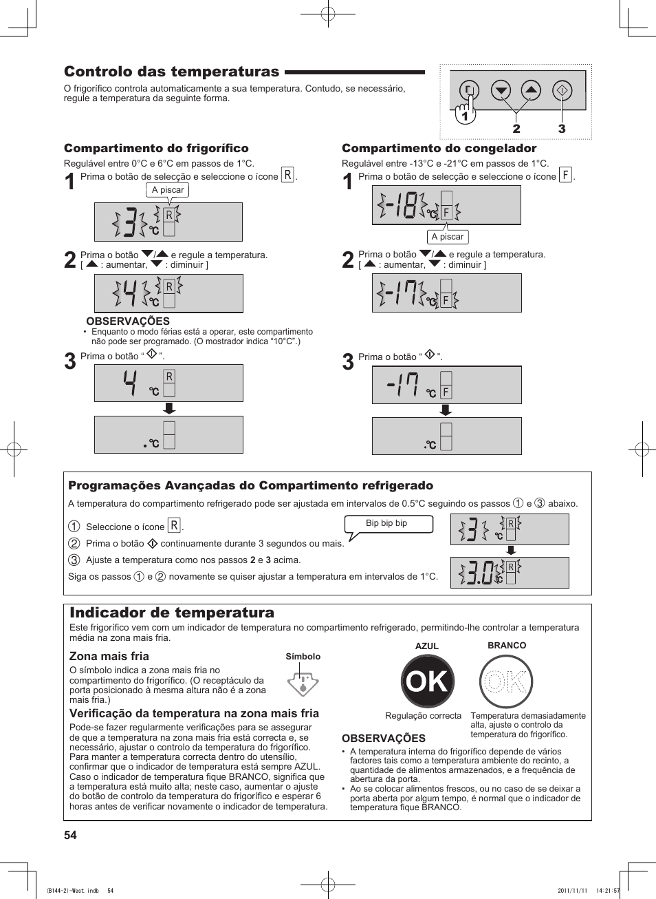 Controlo das temperaturas, Indicador de temperatura | Sharp SJ-WP320TBE User Manual | Page 54 / 224