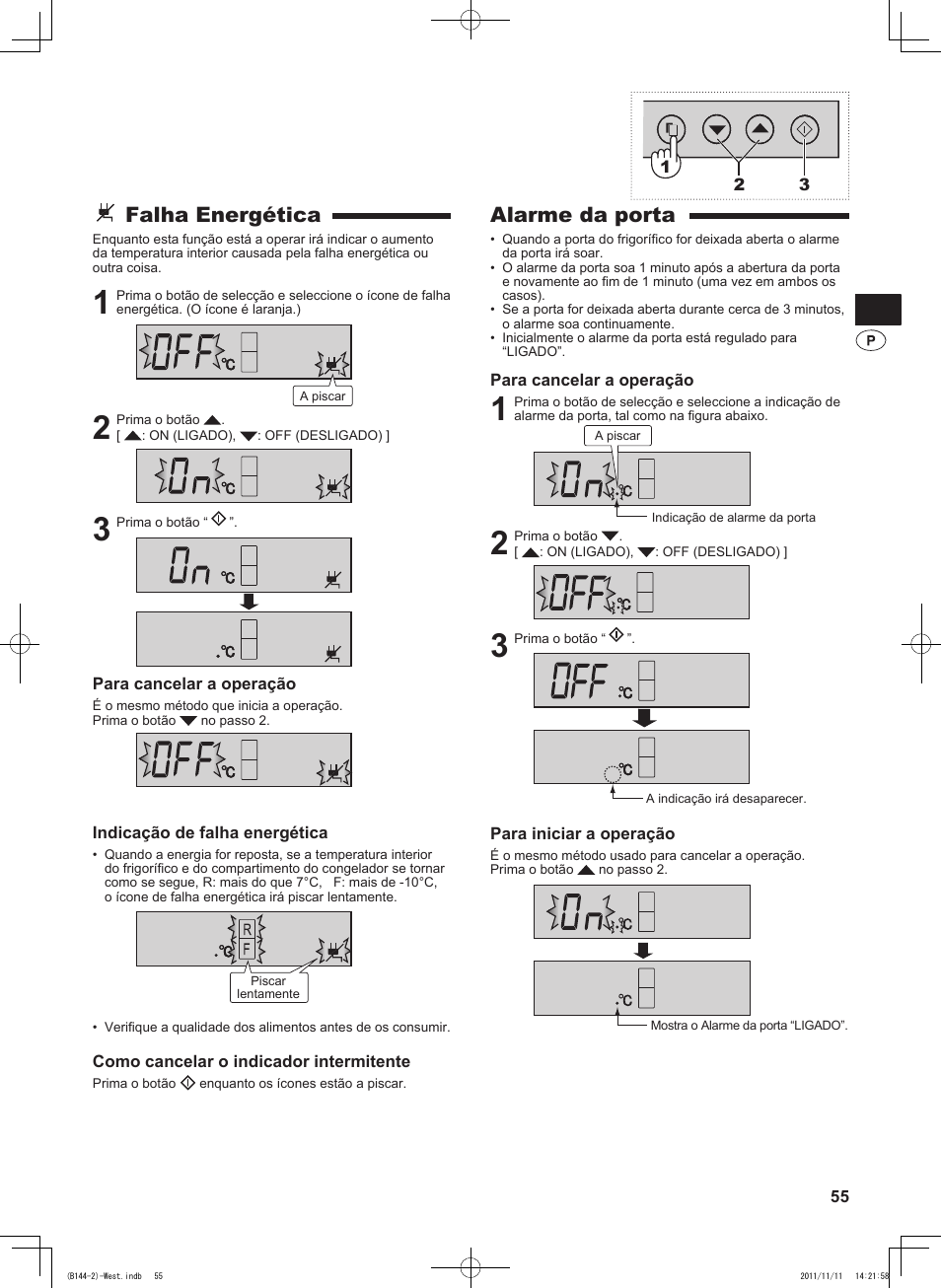Alarme da porta, Falha energética | Sharp SJ-WP320TBE User Manual | Page 55 / 224