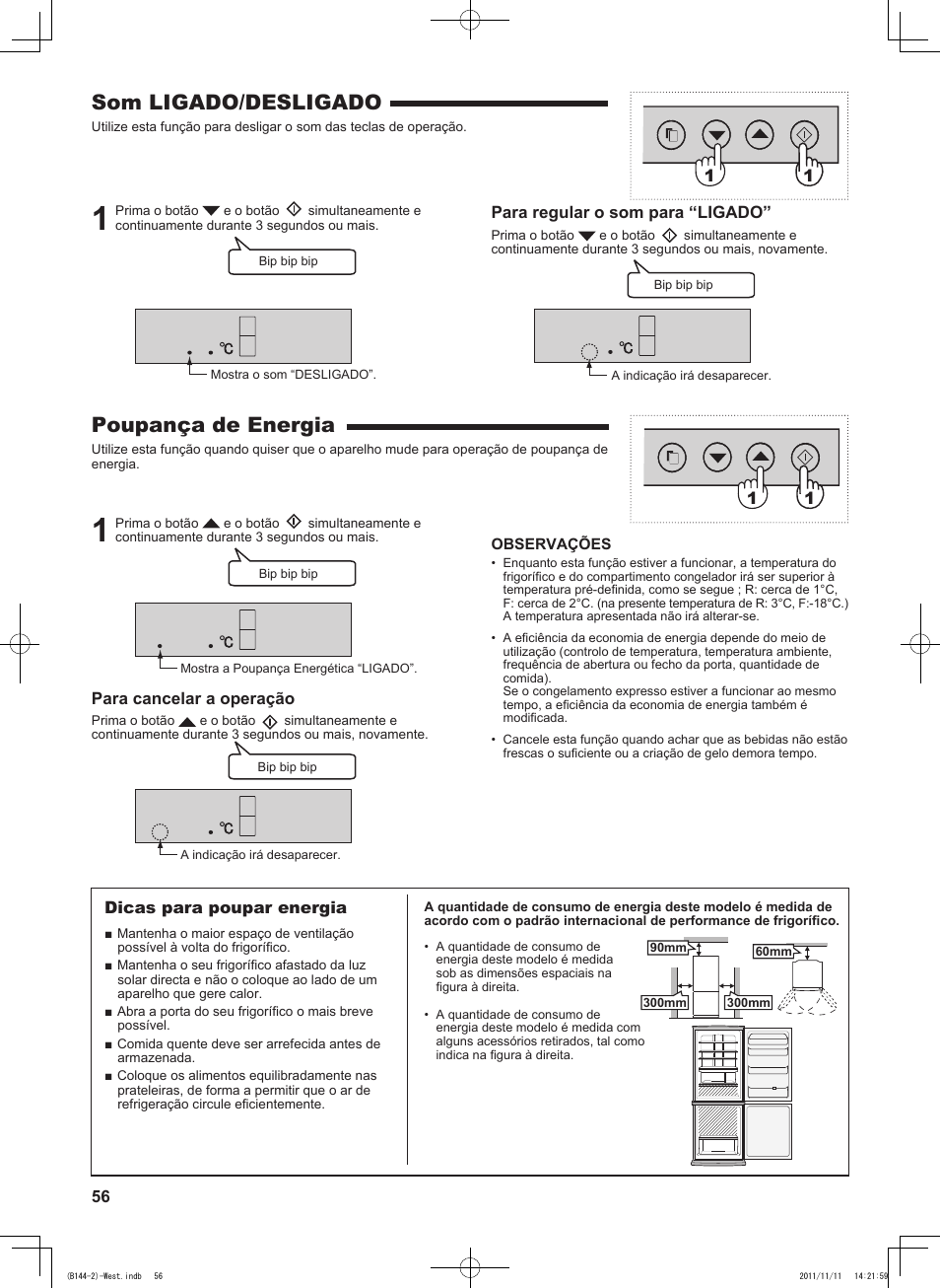 Som ligado/desligado, Poupança de energia, Para regular o som para “ligado | Para cancelar a operação, 1dicas para poupar energia | Sharp SJ-WP320TBE User Manual | Page 56 / 224