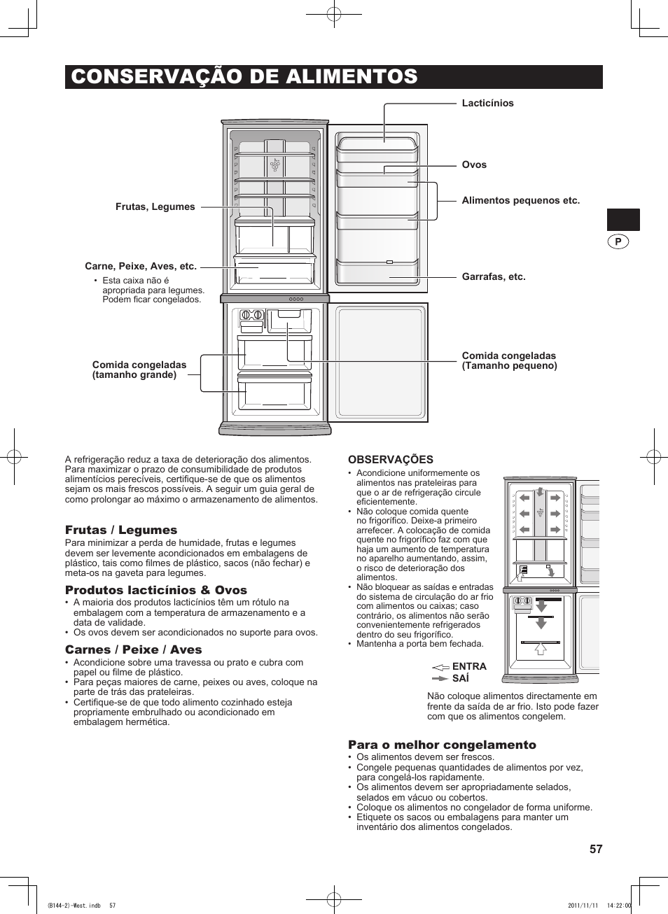 Conservação de alimentos, Frutas / legumes, Produtos lacticínios & ovos | Carnes / peixe / aves, Para o melhor congelamento | Sharp SJ-WP320TBE User Manual | Page 57 / 224