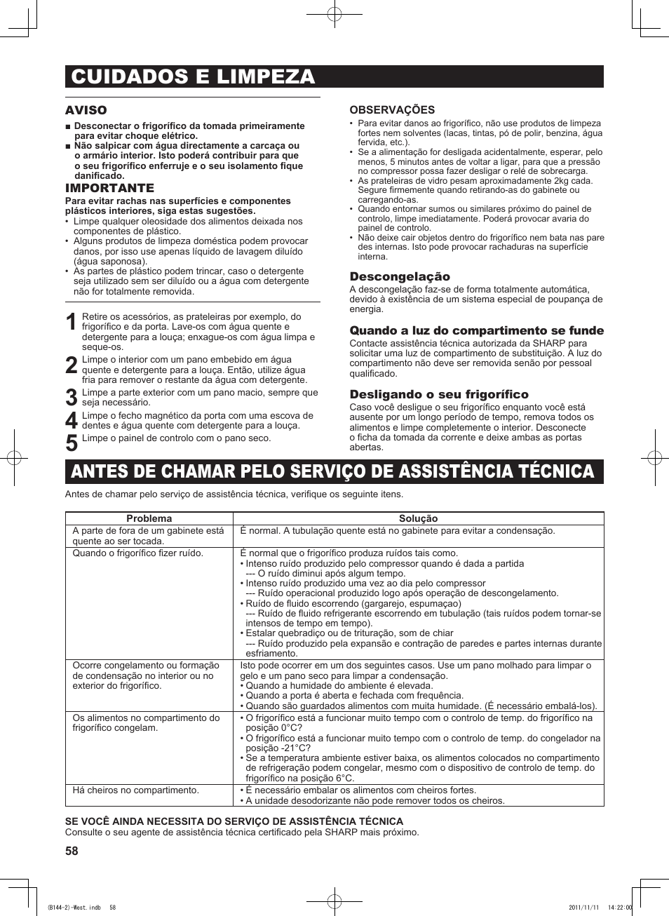 Cuidados e limpeza | Sharp SJ-WP320TBE User Manual | Page 58 / 224
