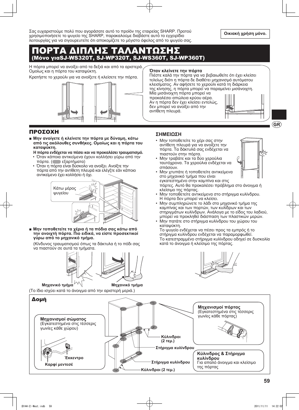 B144)gre, Πορτα διπλησ ταλαντωσησ, Προσοχη | Δομή | Sharp SJ-WP320TBE User Manual | Page 59 / 224