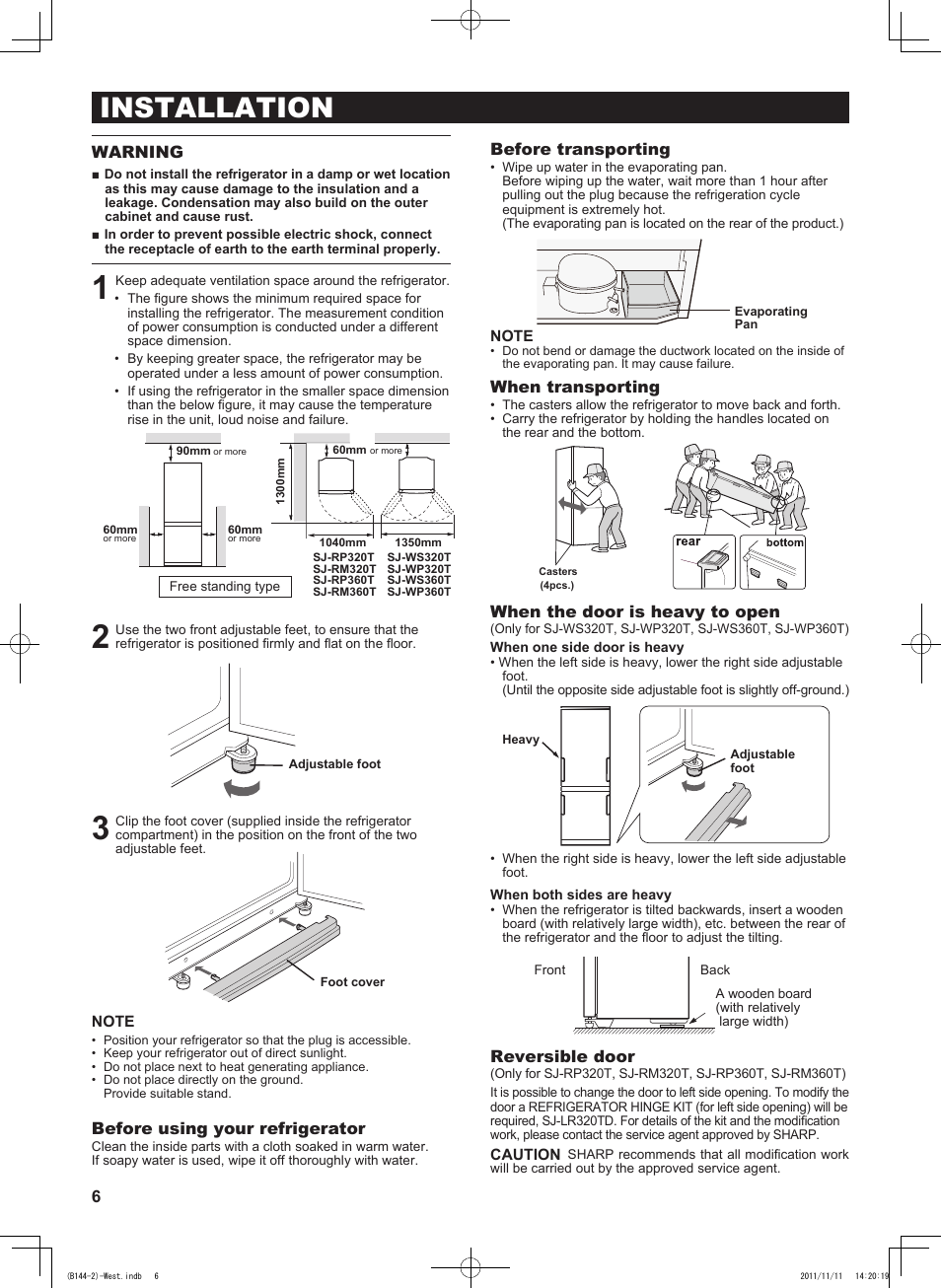 Installation, Warning, Before using your refrigerator | Before transporting, When transporting, When the door is heavy to open, Reversible door | Sharp SJ-WP320TBE User Manual | Page 6 / 224