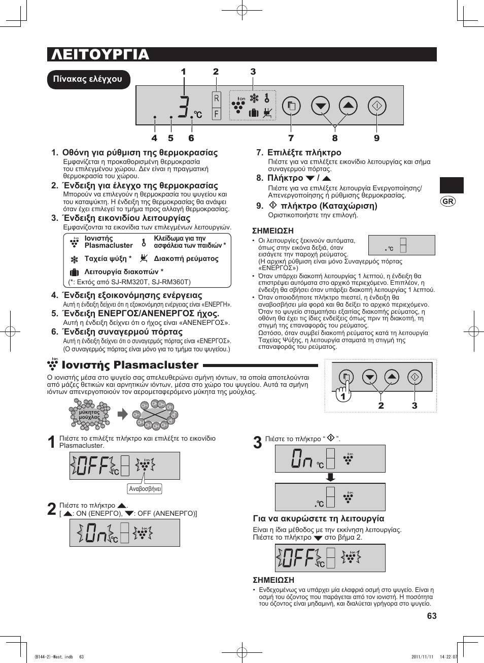 Λειτουργια, Ιονιστής plasmacluster | Sharp SJ-WP320TBE User Manual | Page 63 / 224