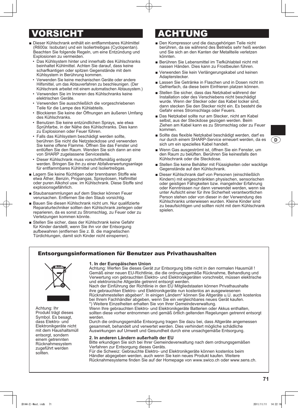 Vorsicht achtung | Sharp SJ-WP320TBE User Manual | Page 71 / 224