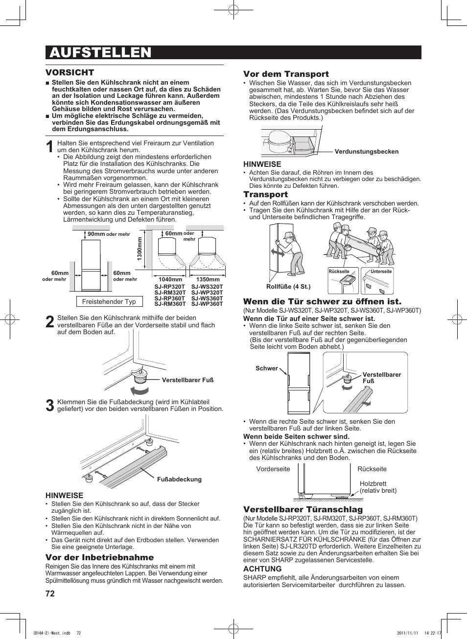Aufstellen, Vorsicht, Vor der inbetriebnahme | Vor dem transport, Transport, Wenn die tür schwer zu öffnen ist, Verstellbarer türanschlag | Sharp SJ-WP320TBE User Manual | Page 72 / 224