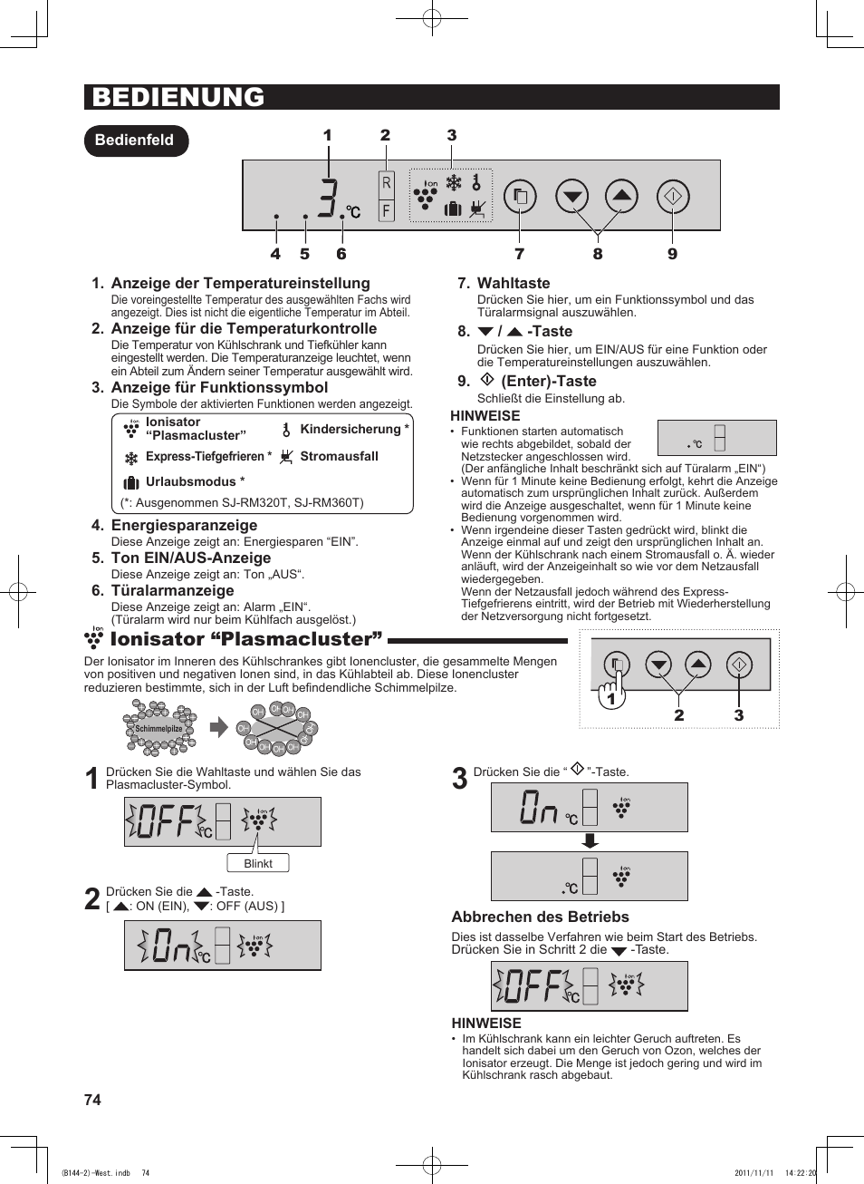 Bedienung, Ionisator “plasmacluster | Sharp SJ-WP320TBE User Manual | Page 74 / 224