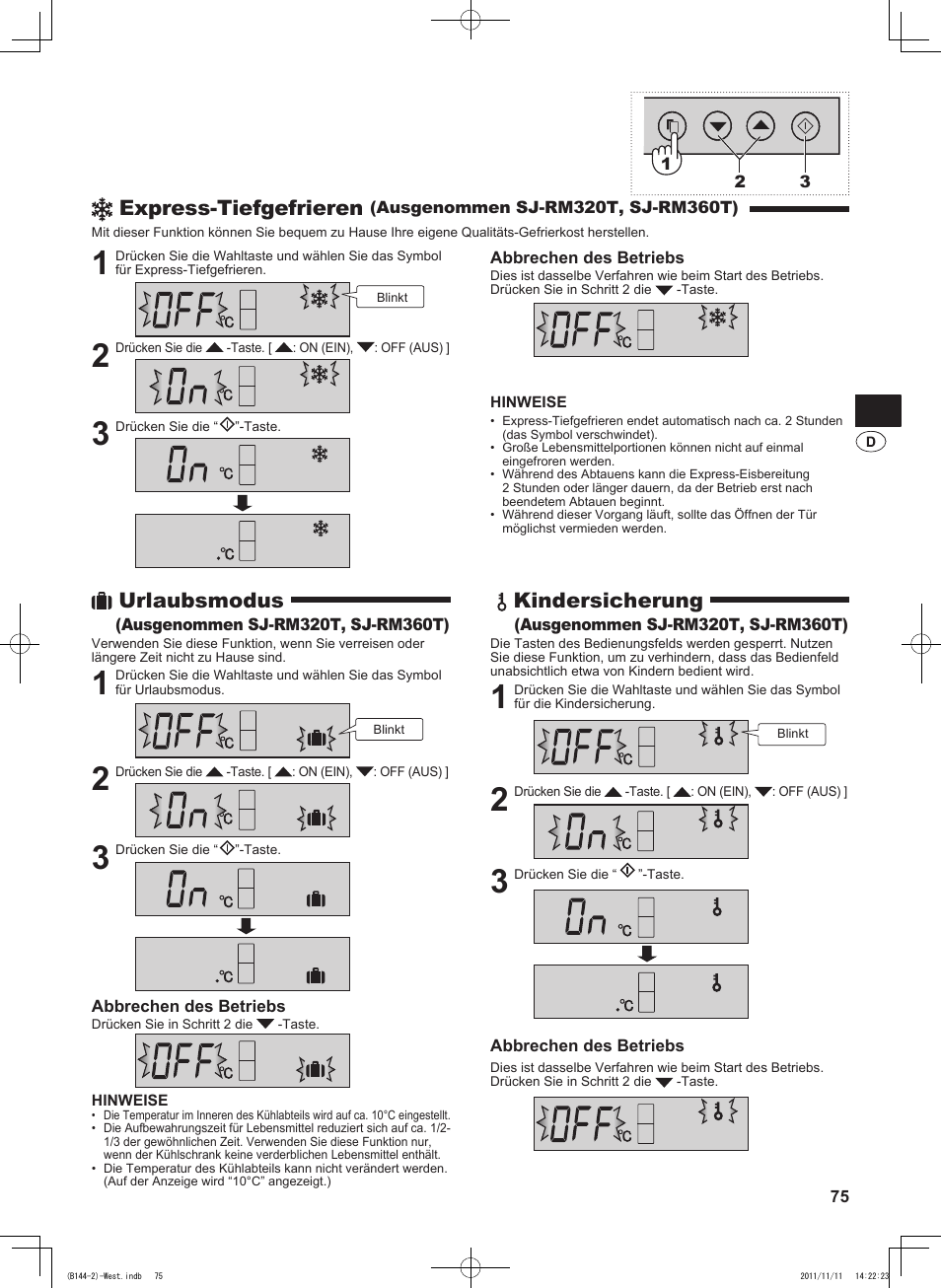 Express-tiefgefrieren, Urlaubsmodus, Kindersicherung | Sharp SJ-WP320TBE User Manual | Page 75 / 224