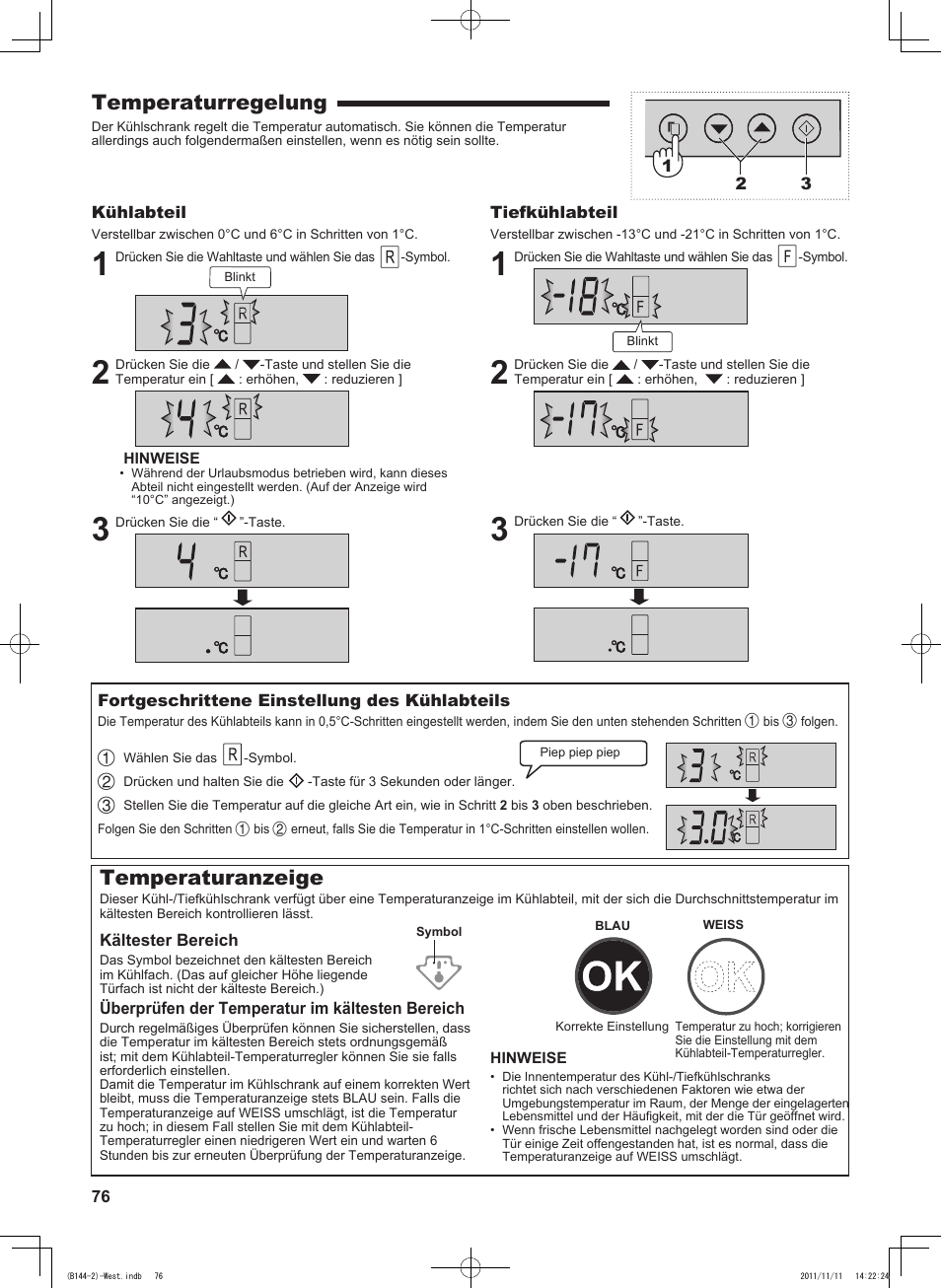 Temperaturregelung, Temperaturanzeige | Sharp SJ-WP320TBE User Manual | Page 76 / 224