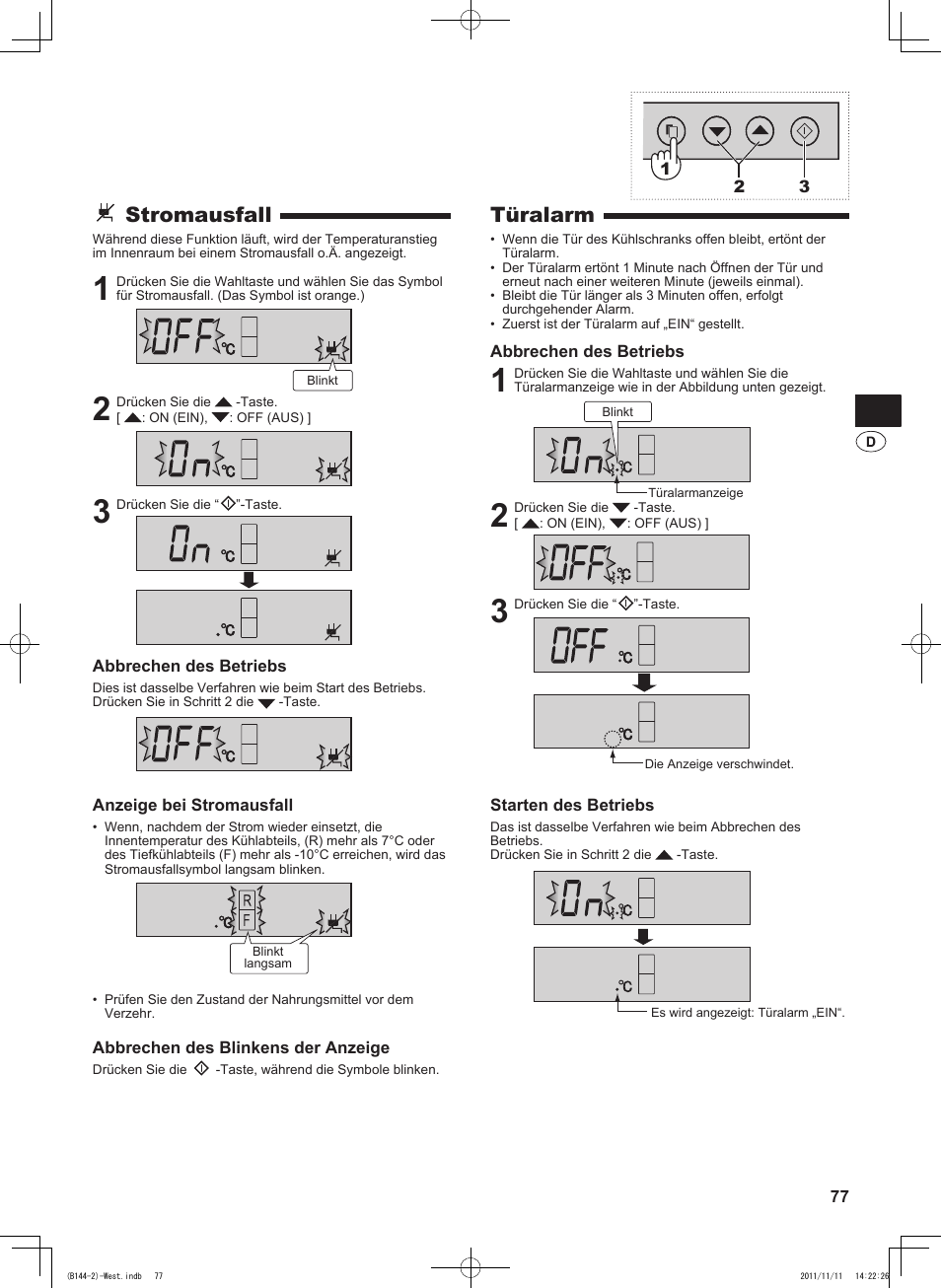 Türalarm, Stromausfall | Sharp SJ-WP320TBE User Manual | Page 77 / 224