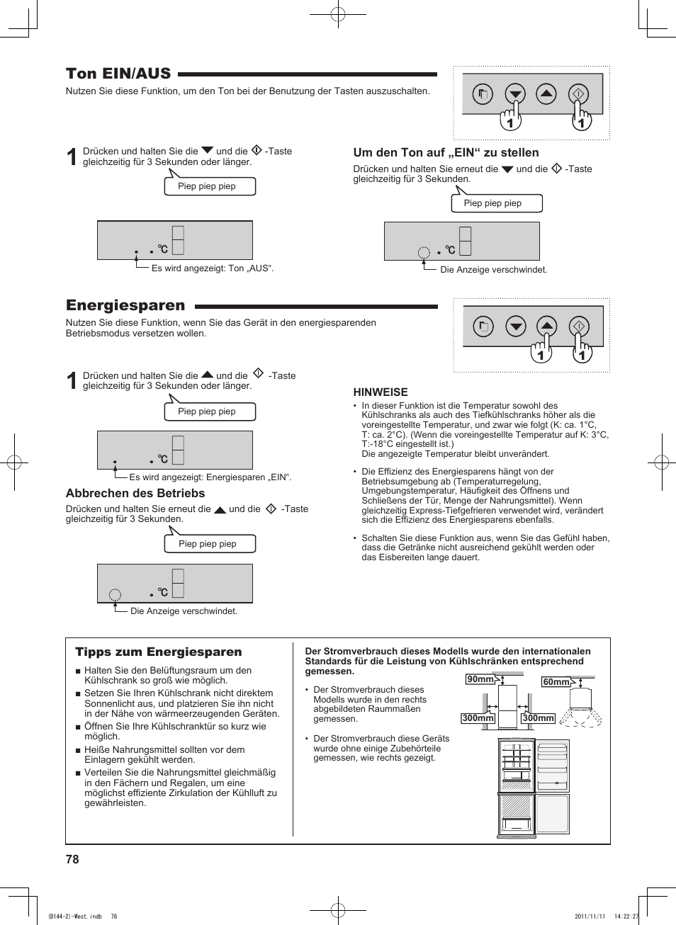 Ton ein/aus, Energiesparen, Um den ton auf „ein“ zu stellen | Abbrechen des betriebs, 1tipps zum energiesparen | Sharp SJ-WP320TBE User Manual | Page 78 / 224