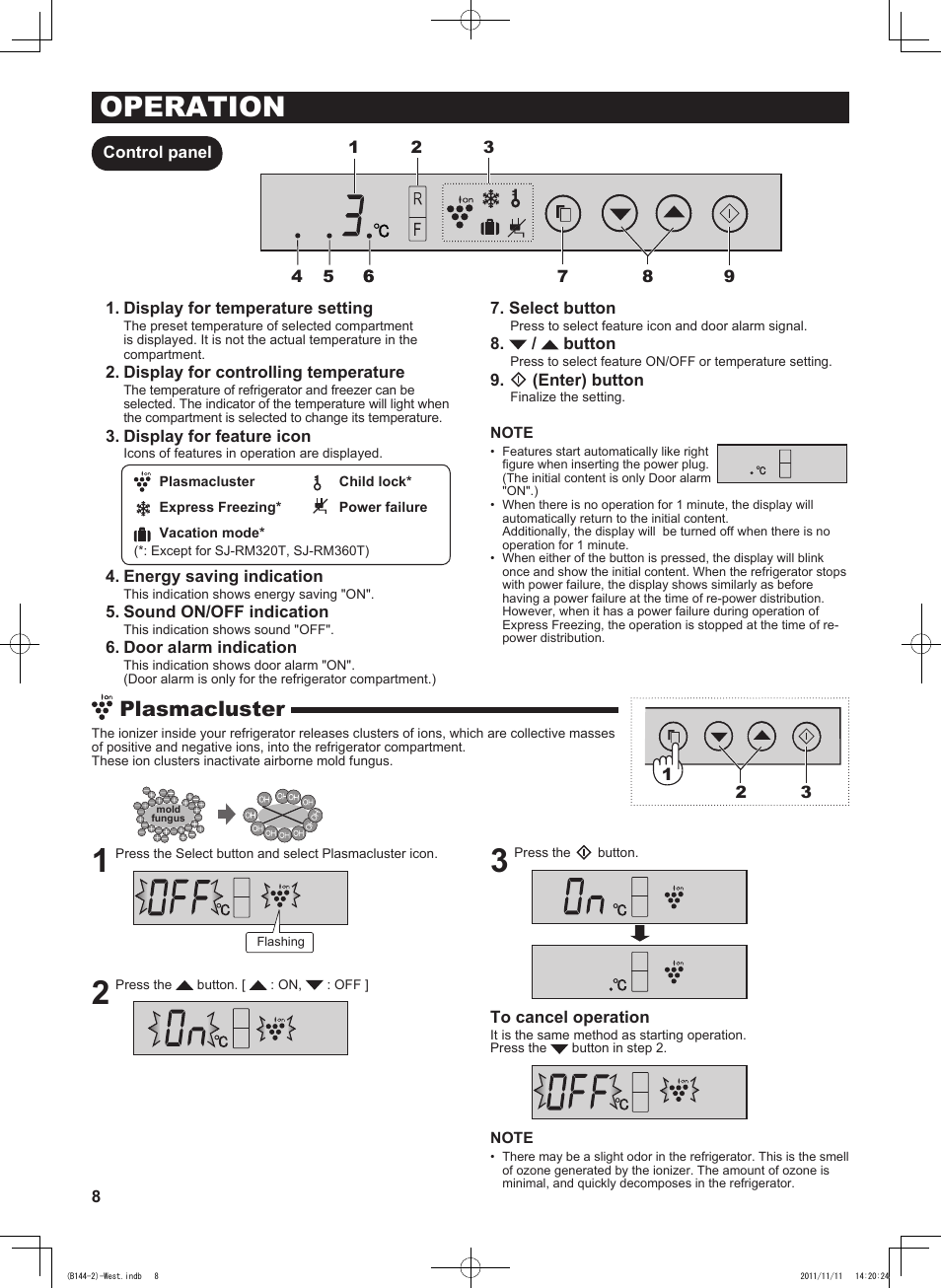Operation, Plasmacluster | Sharp SJ-WP320TBE User Manual | Page 8 / 224