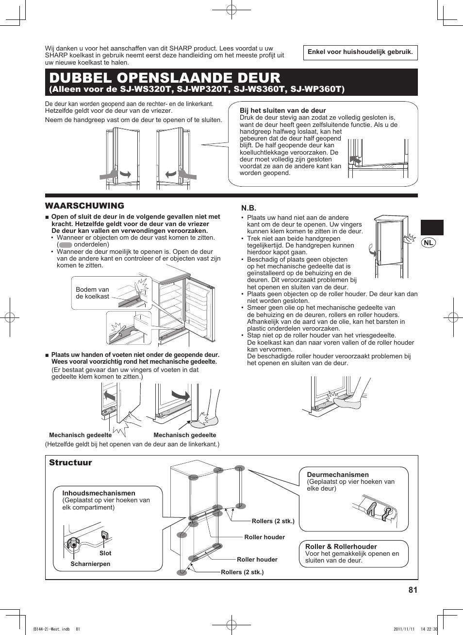 B144)dut, Dubbel openslaande deur, Waarschuwing | Structuur | Sharp SJ-WP320TBE User Manual | Page 81 / 224