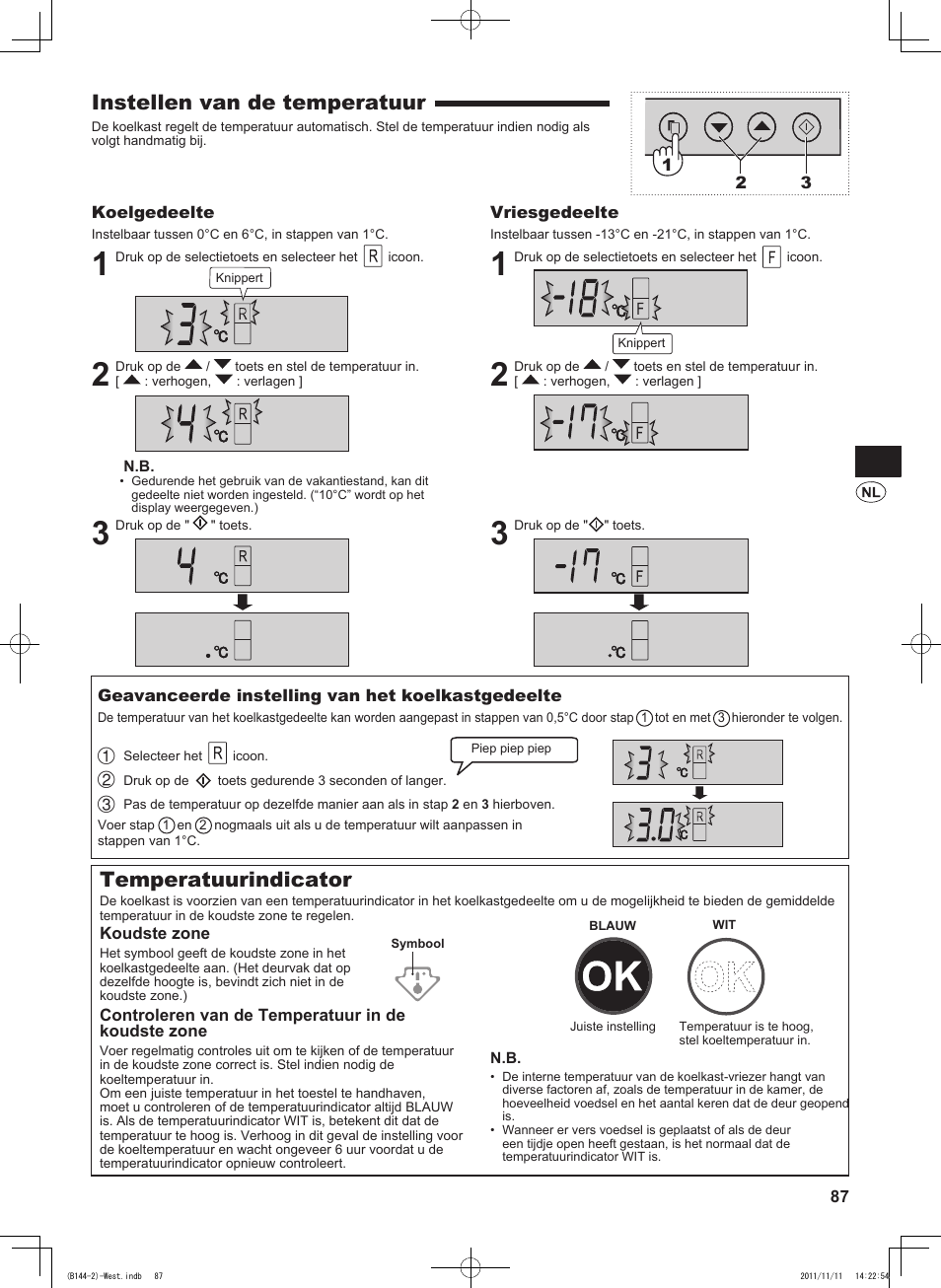 Instellen van de temperatuur, Temperatuurindicator | Sharp SJ-WP320TBE User Manual | Page 87 / 224