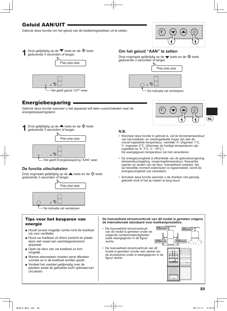 Geluid aan/uit, Energiebesparing, Om het geluid “aan” te zetten | De functie uitschakelen, 1tips voor het besparen van energie | Sharp SJ-WP320TBE User Manual | Page 89 / 224