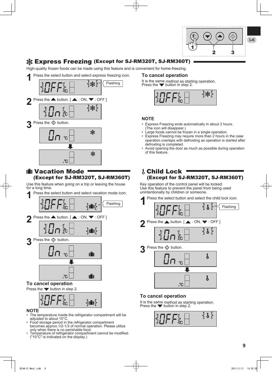 Express freezing, Vacation mode, Child lock | Sharp SJ-WP320TBE User Manual | Page 9 / 224