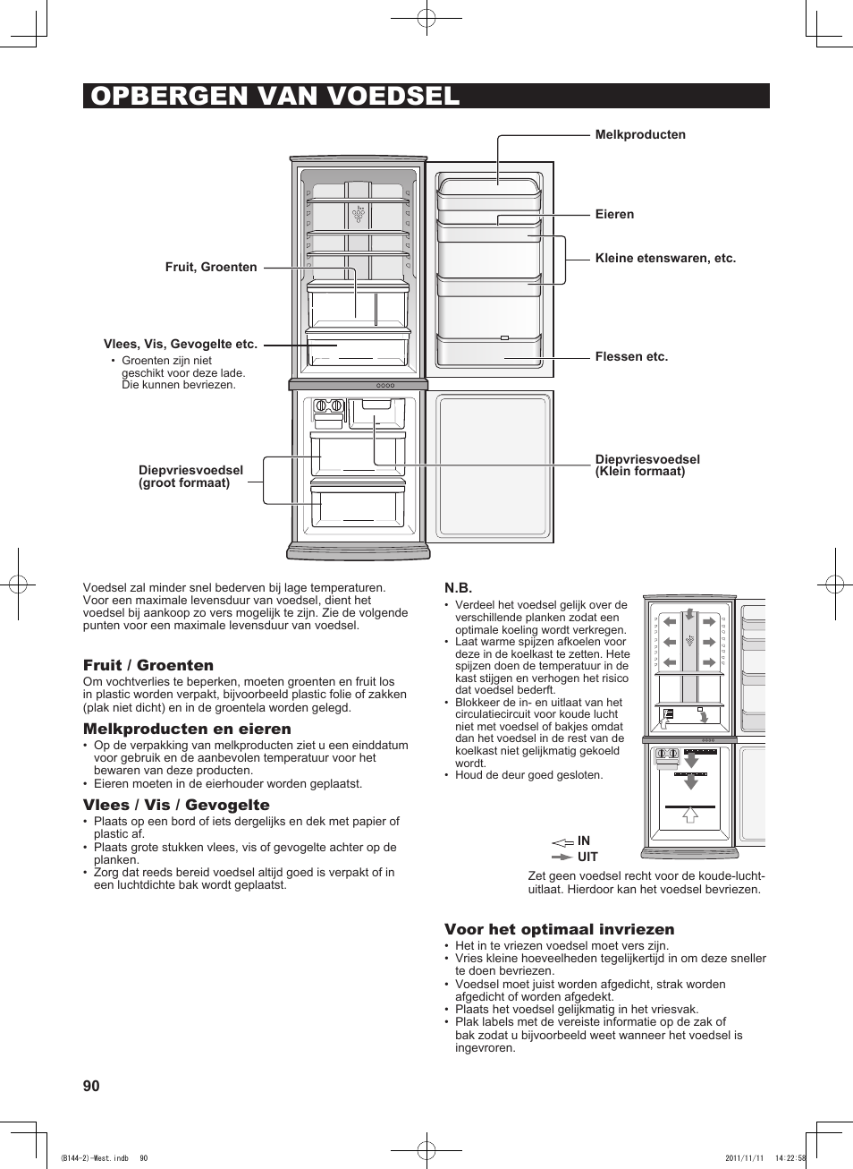 Opbergen van voedsel, Fruit / groenten, Melkproducten en eieren | Vlees / vis / gevogelte, Voor het optimaal invriezen | Sharp SJ-WP320TBE User Manual | Page 90 / 224