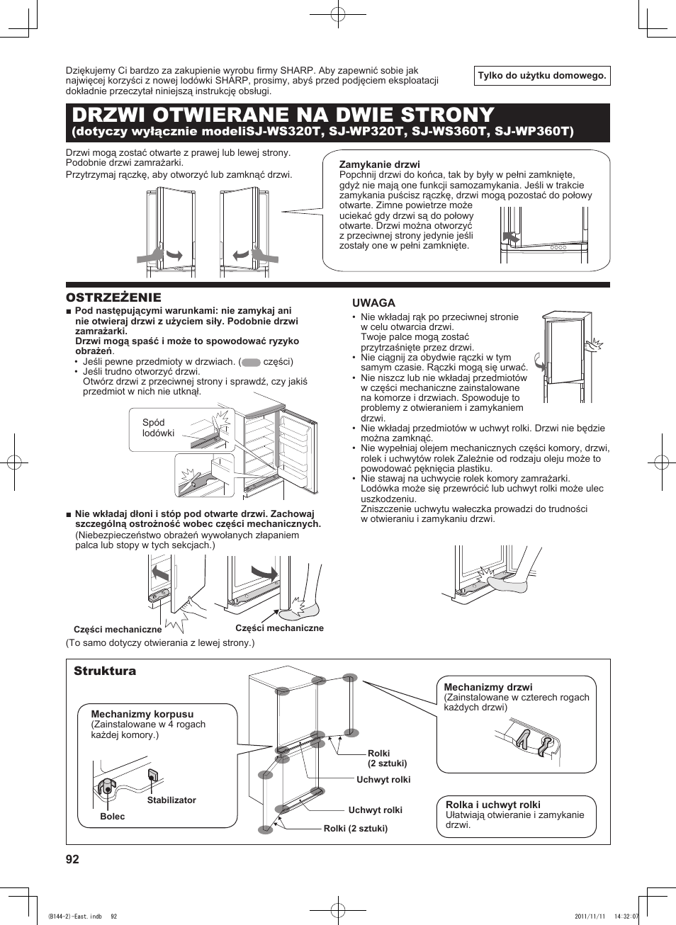 B144)pol, Drzwi otwierane na dwie strony, Ostrzeżenie | Struktura | Sharp SJ-WP320TBE User Manual | Page 92 / 224