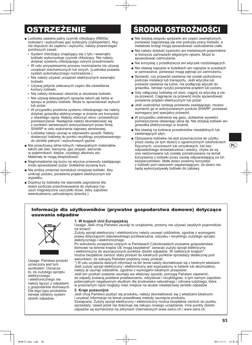 Ostrzeżenie środki ostrożności | Sharp SJ-WP320TBE User Manual | Page 93 / 224