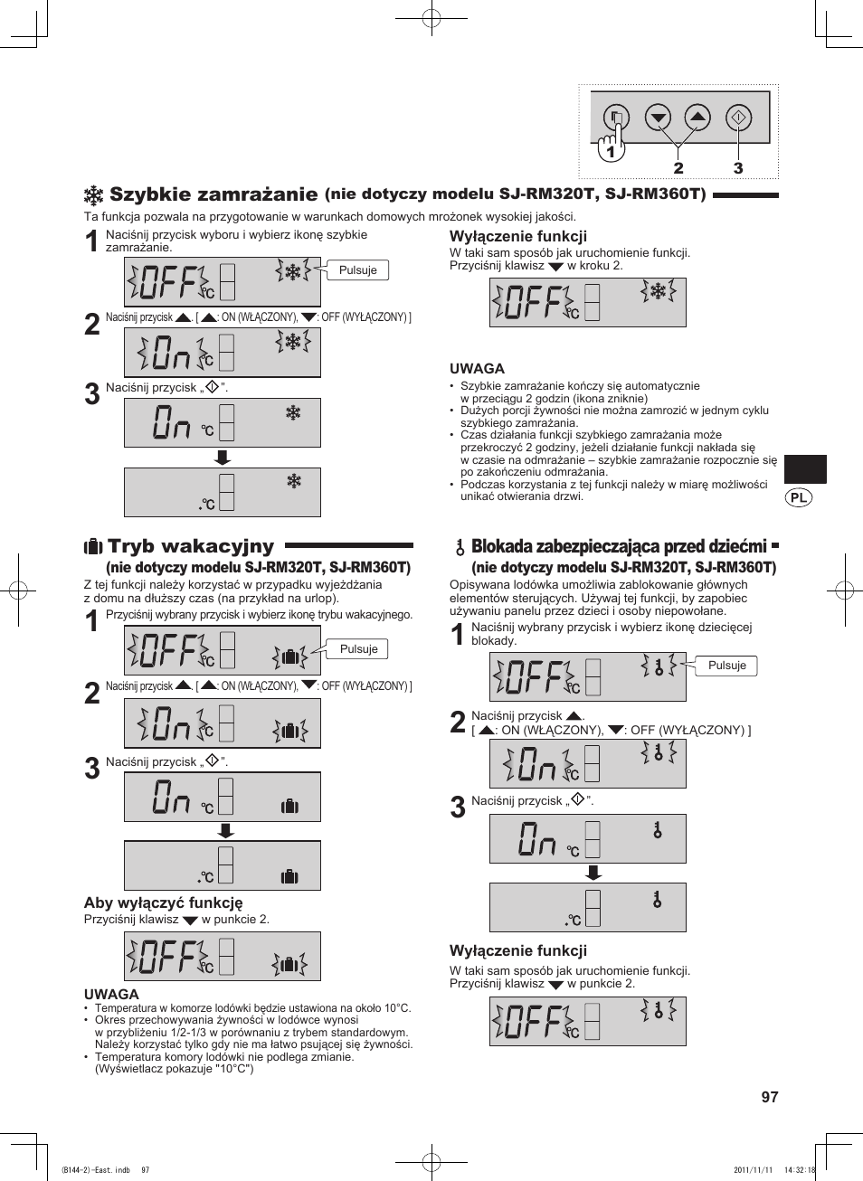 Szybkie zamrażanie, Tryb wakacyjny, Blokada zabezpieczająca przed dziećmi | Sharp SJ-WP320TBE User Manual | Page 97 / 224
